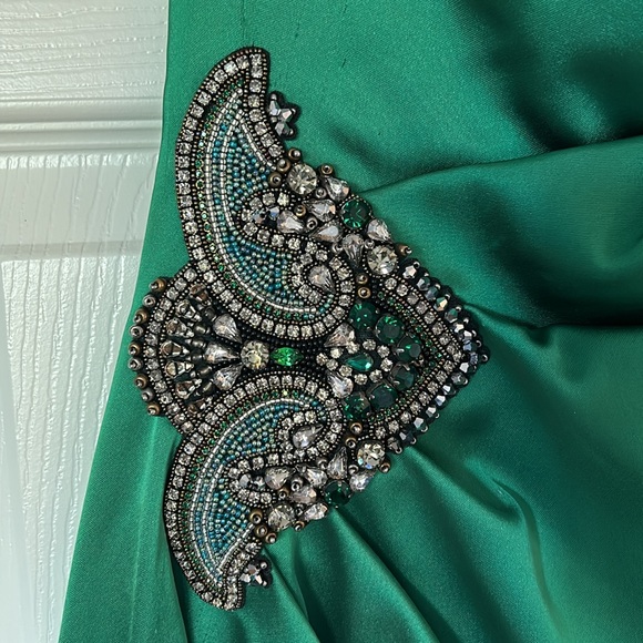 Emerald green one shoulder satin dress with incredible crystal detail - Picture 2 of 4